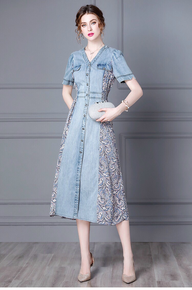 Đầm Jean Phối Thổ Cẩm Dáng Dài - HN912